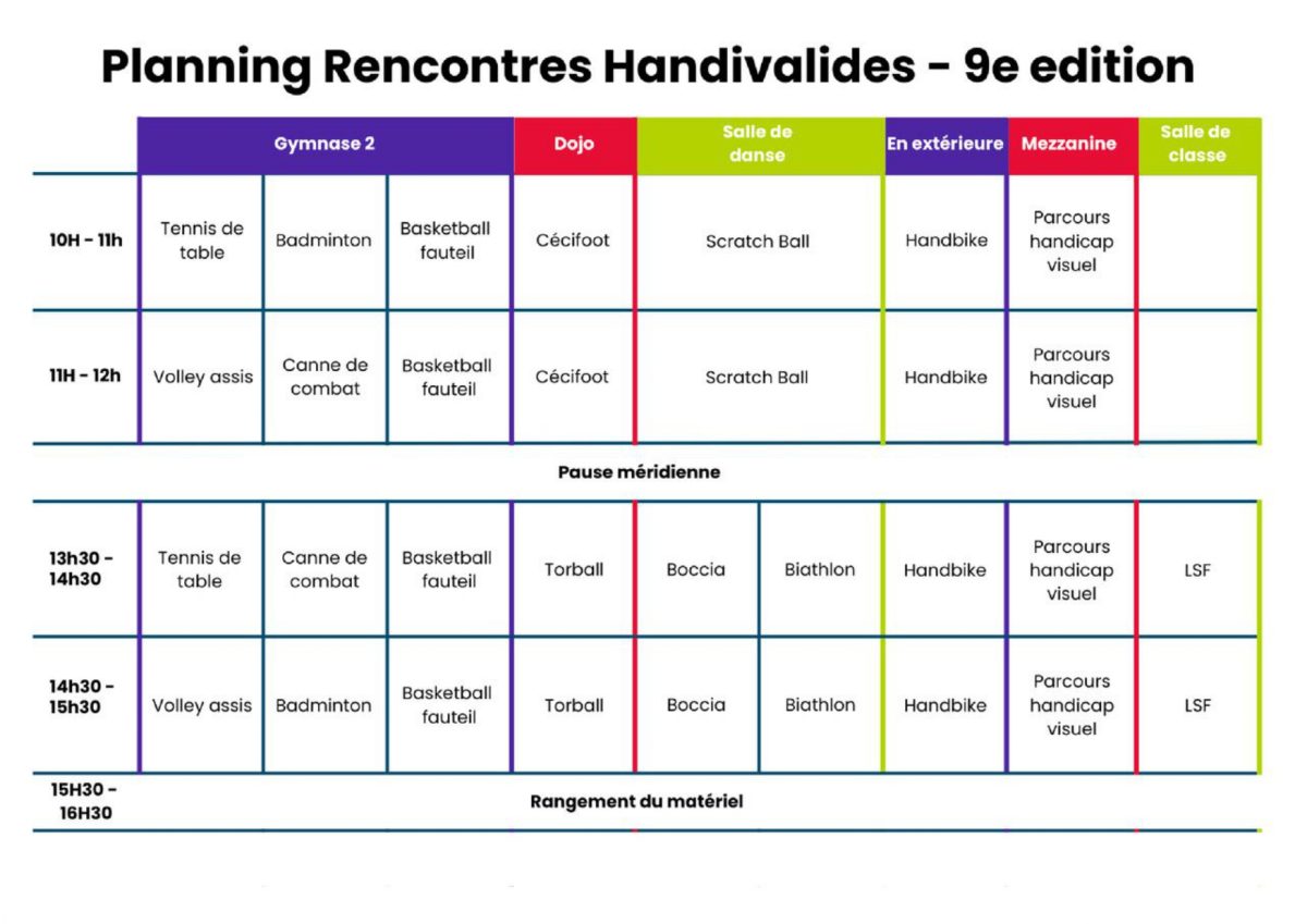 Planning des activités, de 10h à 12h et de 13h30 à 15h30.